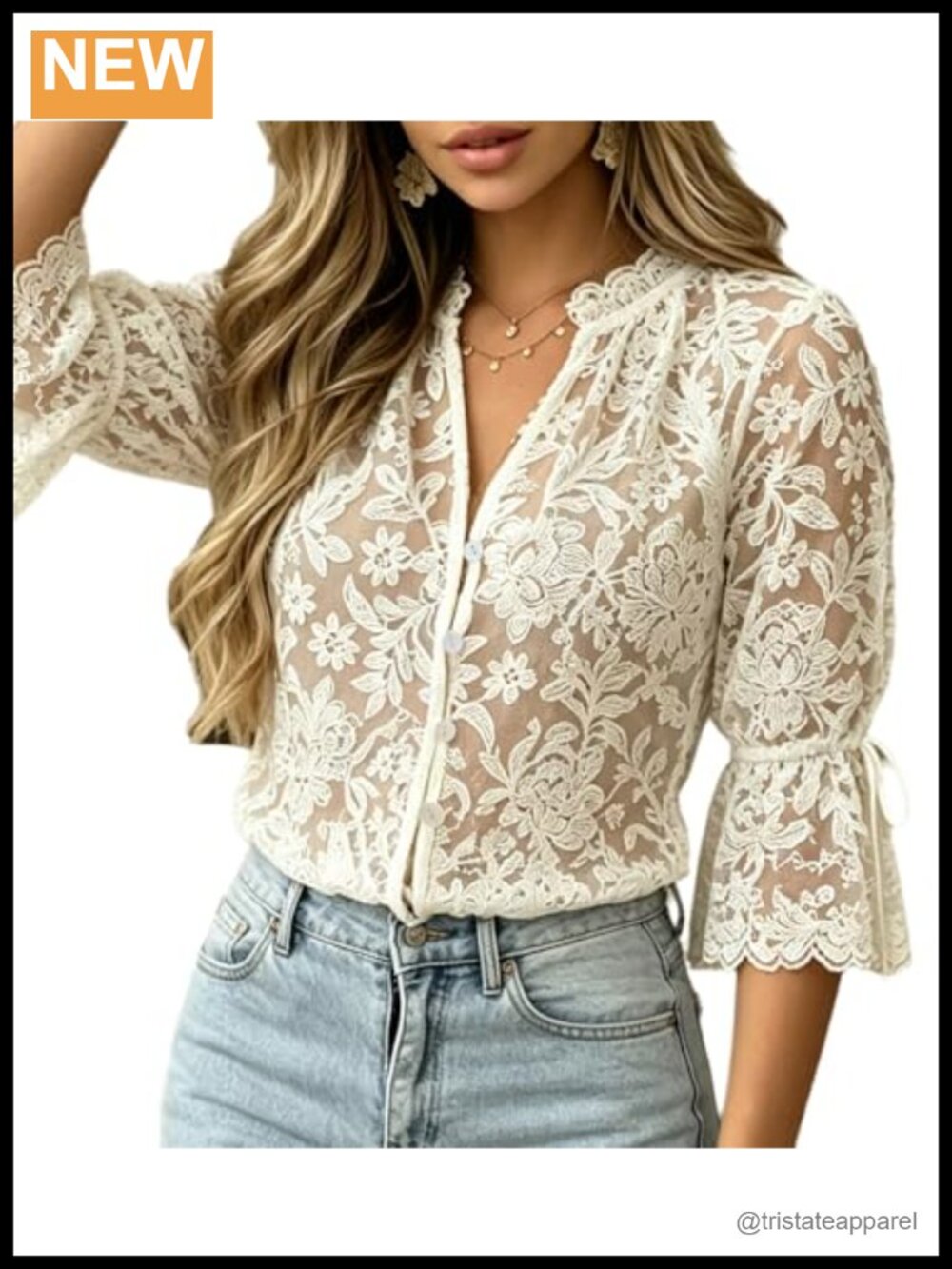 Women's Lace Boho Blouse V Neck Button Down Floral Hollow Out 3/4 Bell Sleeve